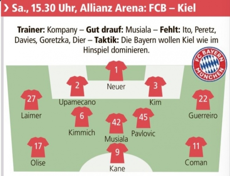 德媒預測拜仁首發：萊默爾、格雷羅左右邊後衛，基米希回歸中場